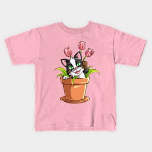 Purr-fectly Potted: Cute Cartoon Kitty in a Pot Kids T-Shirt